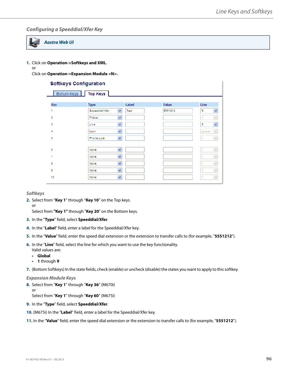 Configuring a speeddial/xfer key, Line keys and softkeys | AASTRA 6737i User Guide EN User Manual | Page 103 / 214