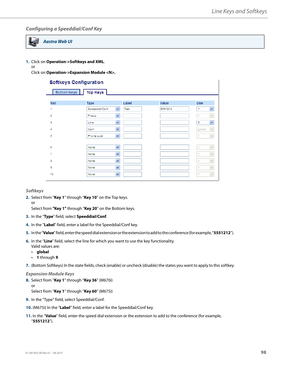 Configuring a speeddial/conf key, Line keys and softkeys | AASTRA 6737i User Guide EN User Manual | Page 105 / 214