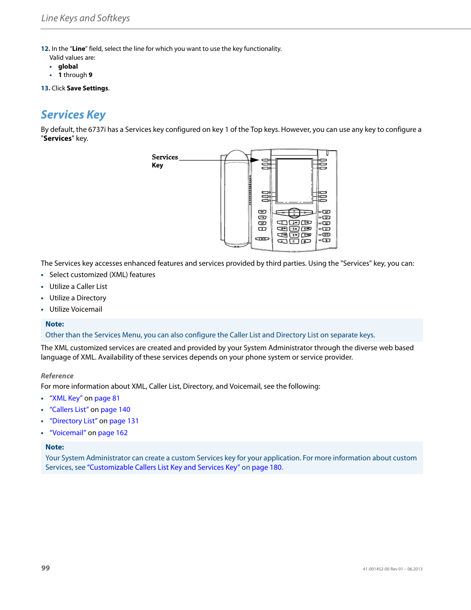 Services key, Line keys and softkeys | AASTRA 6737i User Guide EN User Manual | Page 106 / 214