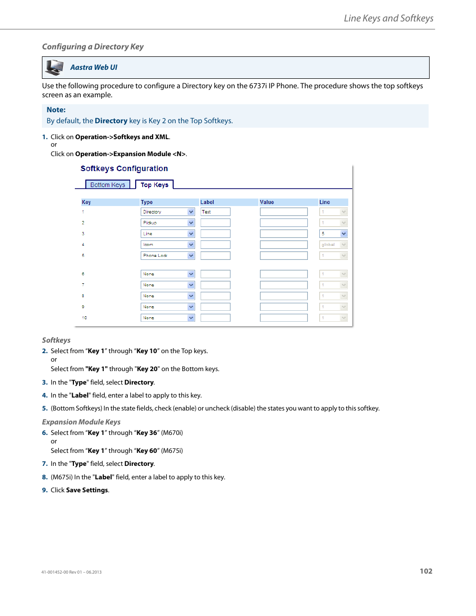 Configuring a directory key, Line keys and softkeys | AASTRA 6737i User Guide EN User Manual | Page 109 / 214