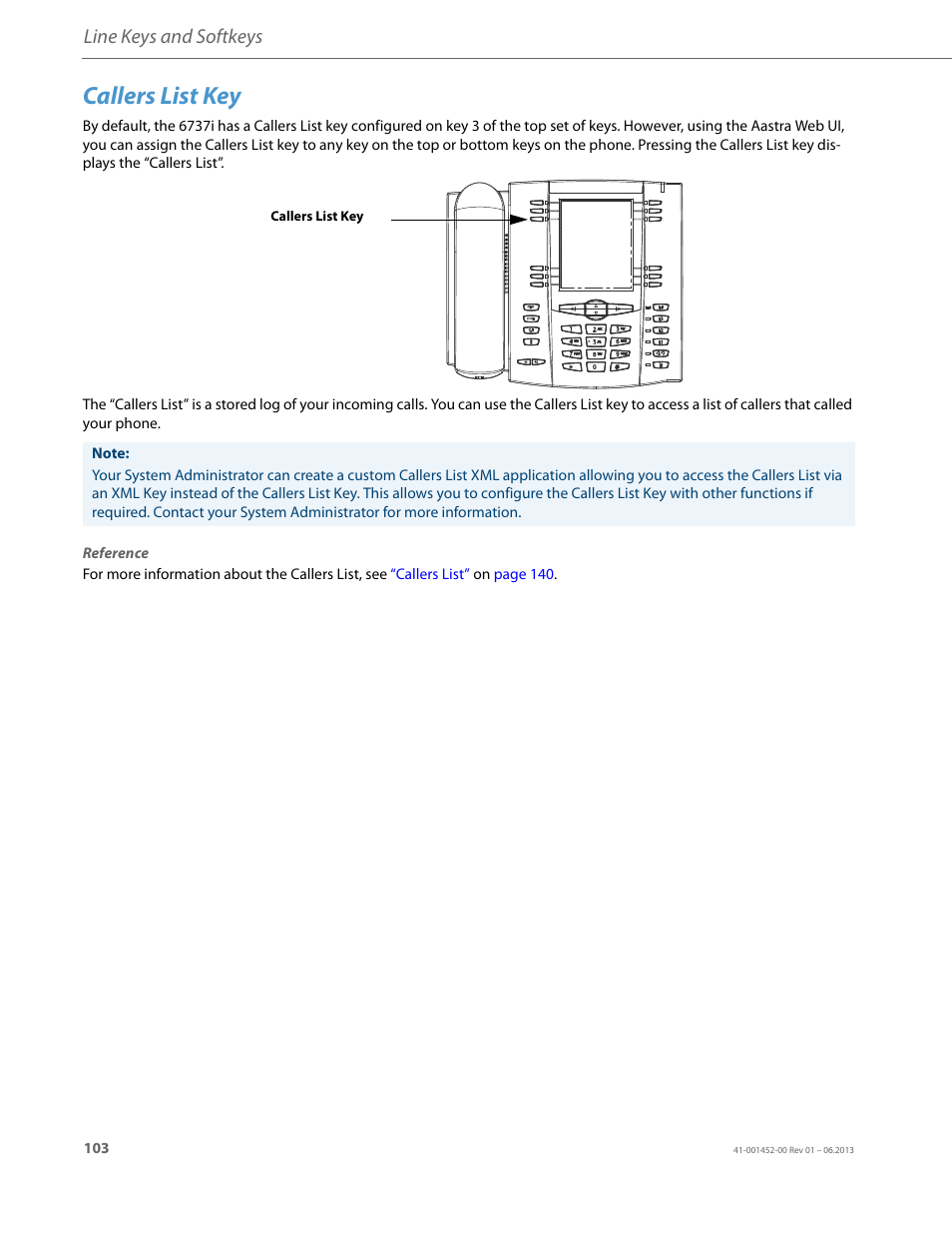 Callers list key, Line keys and softkeys | AASTRA 6737i User Guide EN User Manual | Page 110 / 214