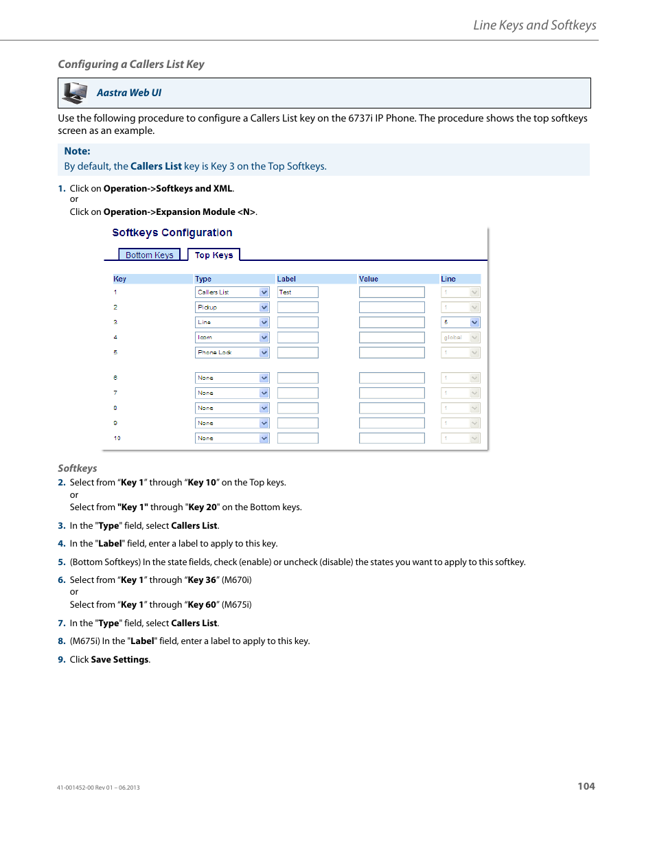 Configuring a callers list key, Line keys and softkeys | AASTRA 6737i User Guide EN User Manual | Page 111 / 214