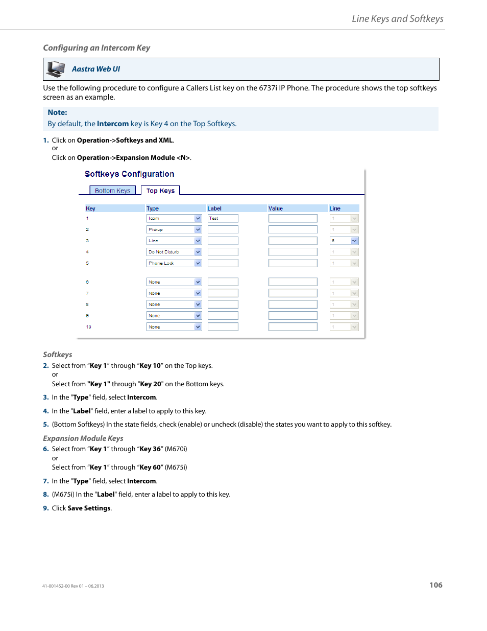 Configuring an intercom key, Line keys and softkeys | AASTRA 6737i User Guide EN User Manual | Page 113 / 214