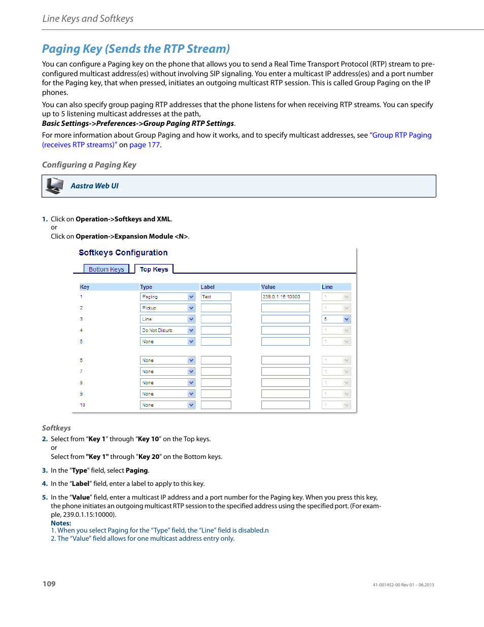 Paging key (sends the rtp stream), Configuring a paging key, Line keys and softkeys | AASTRA 6737i User Guide EN User Manual | Page 116 / 214