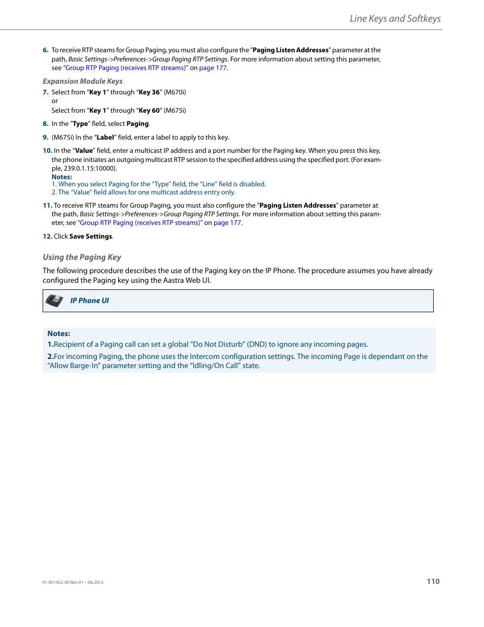 Using the paging key, Line keys and softkeys | AASTRA 6737i User Guide EN User Manual | Page 117 / 214