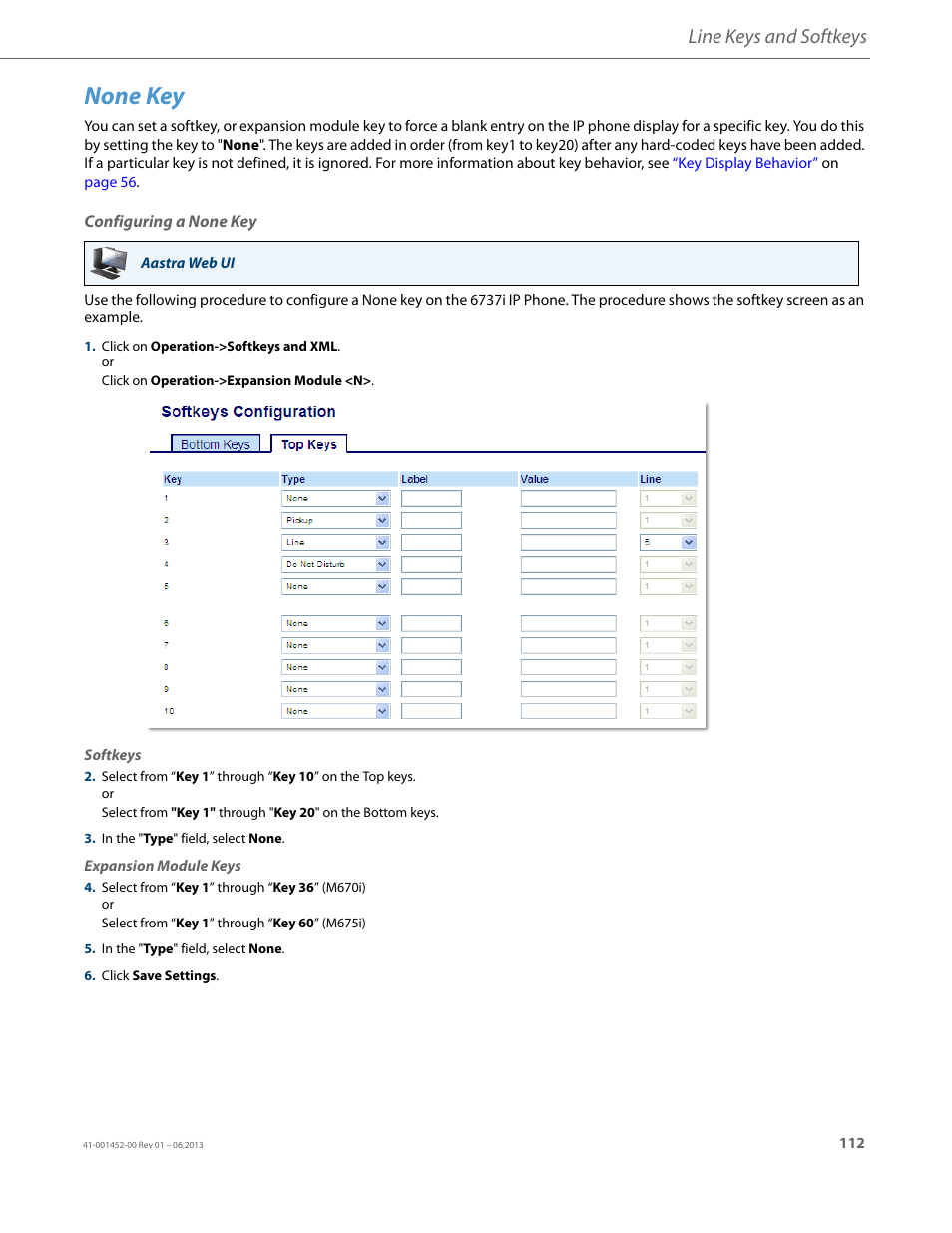 None key, Configuring a none key, Line keys and softkeys | AASTRA 6737i User Guide EN User Manual | Page 119 / 214