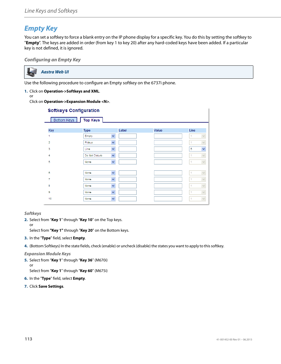 Empty key, Configuring an empty key, Line keys and softkeys | AASTRA 6737i User Guide EN User Manual | Page 120 / 214