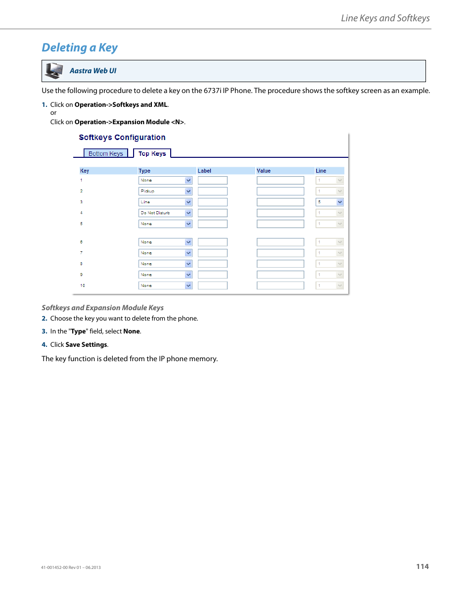 Deleting a key, Line keys and softkeys | AASTRA 6737i User Guide EN User Manual | Page 121 / 214