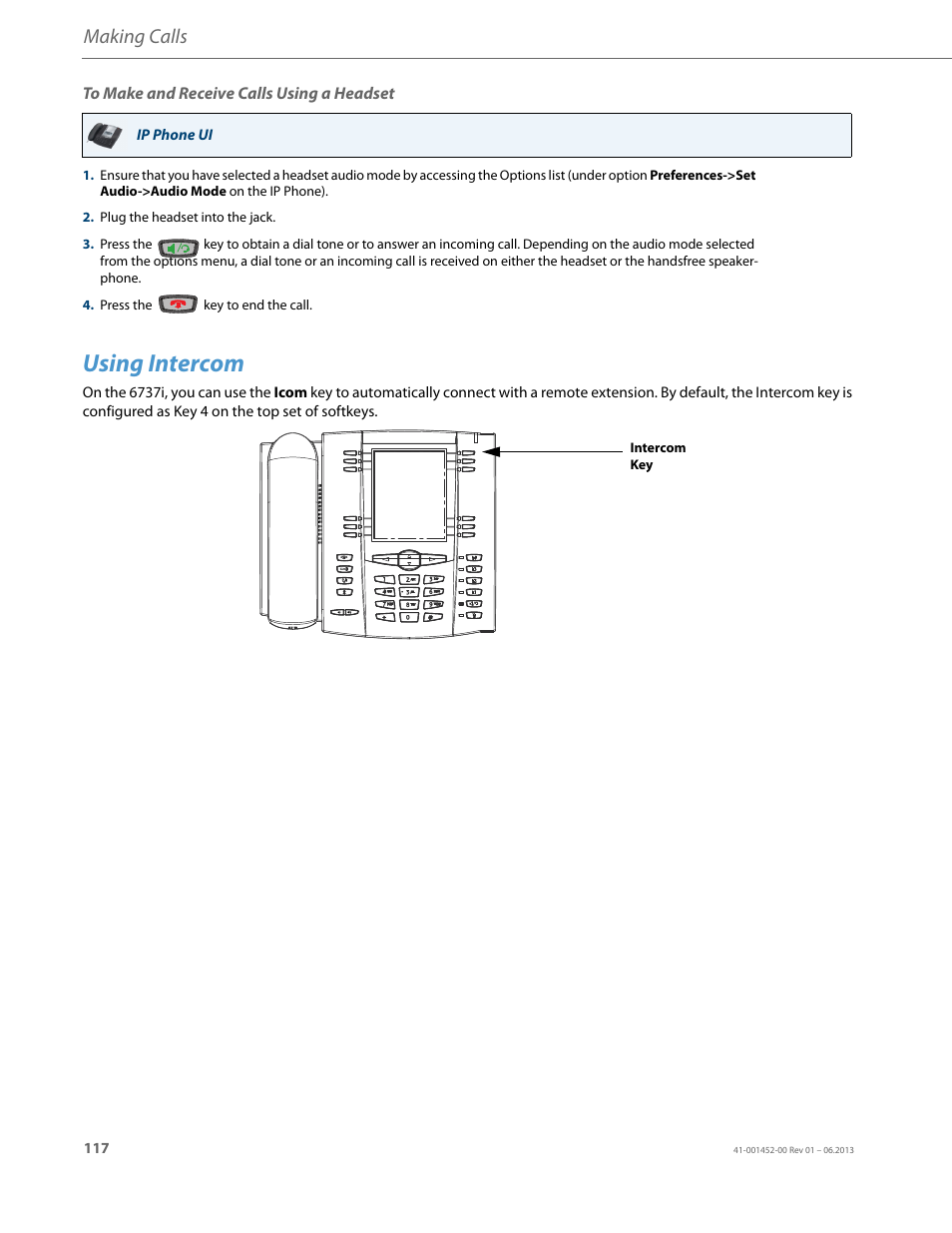 To make and receive calls using a headset, Using intercom, Making calls | AASTRA 6737i User Guide EN User Manual | Page 124 / 214