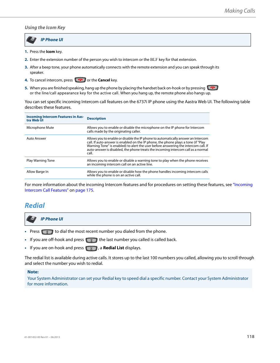 Using the icom key, Redial, Making calls | AASTRA 6737i User Guide EN User Manual | Page 125 / 214