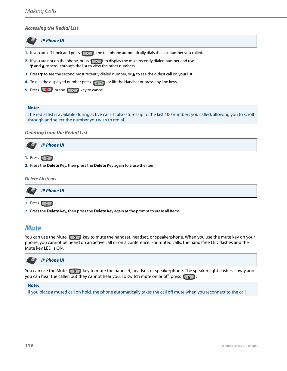 Accessing the redial list, Deleting from the redial list, Mute | Making calls | AASTRA 6737i User Guide EN User Manual | Page 126 / 214