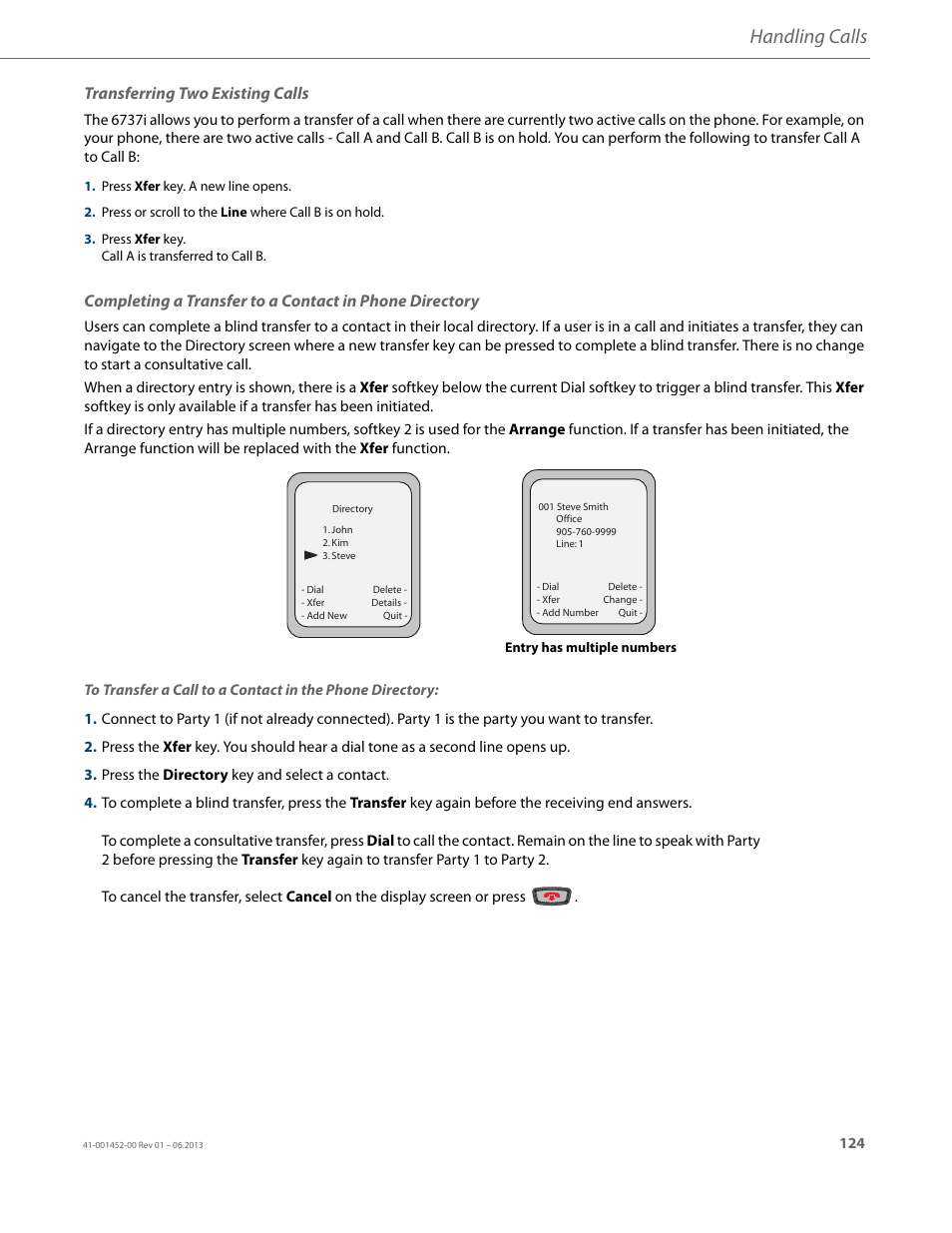 Transferring two existing calls, Handling calls | AASTRA 6737i User Guide EN User Manual | Page 131 / 214