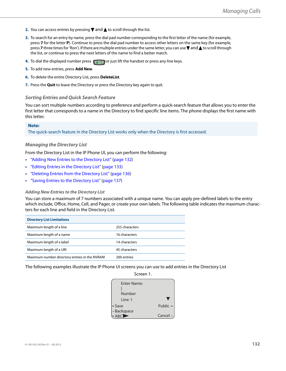 Sorting entries and quick search feature, Managing the directory list, Managing calls | AASTRA 6737i User Guide EN User Manual | Page 139 / 214
