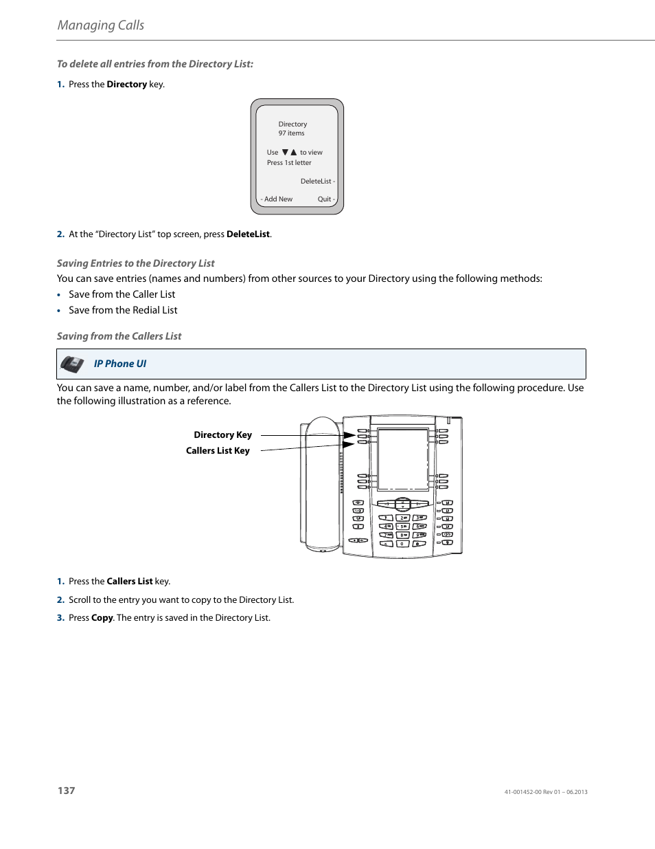 Saving entries to the directory list, Managing calls | AASTRA 6737i User Guide EN User Manual | Page 144 / 214