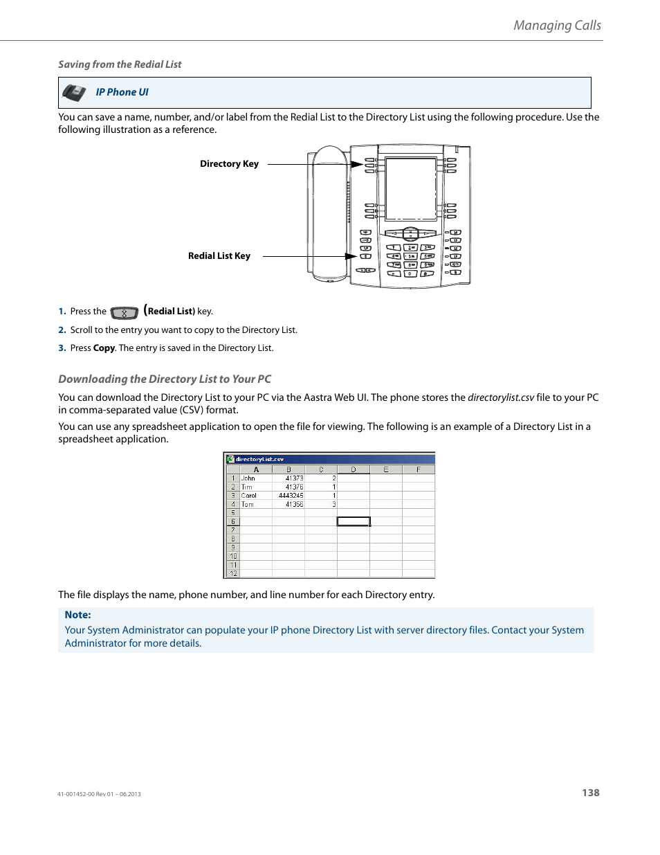 Downloading the directory list to your pc, Managing calls | AASTRA 6737i User Guide EN User Manual | Page 145 / 214