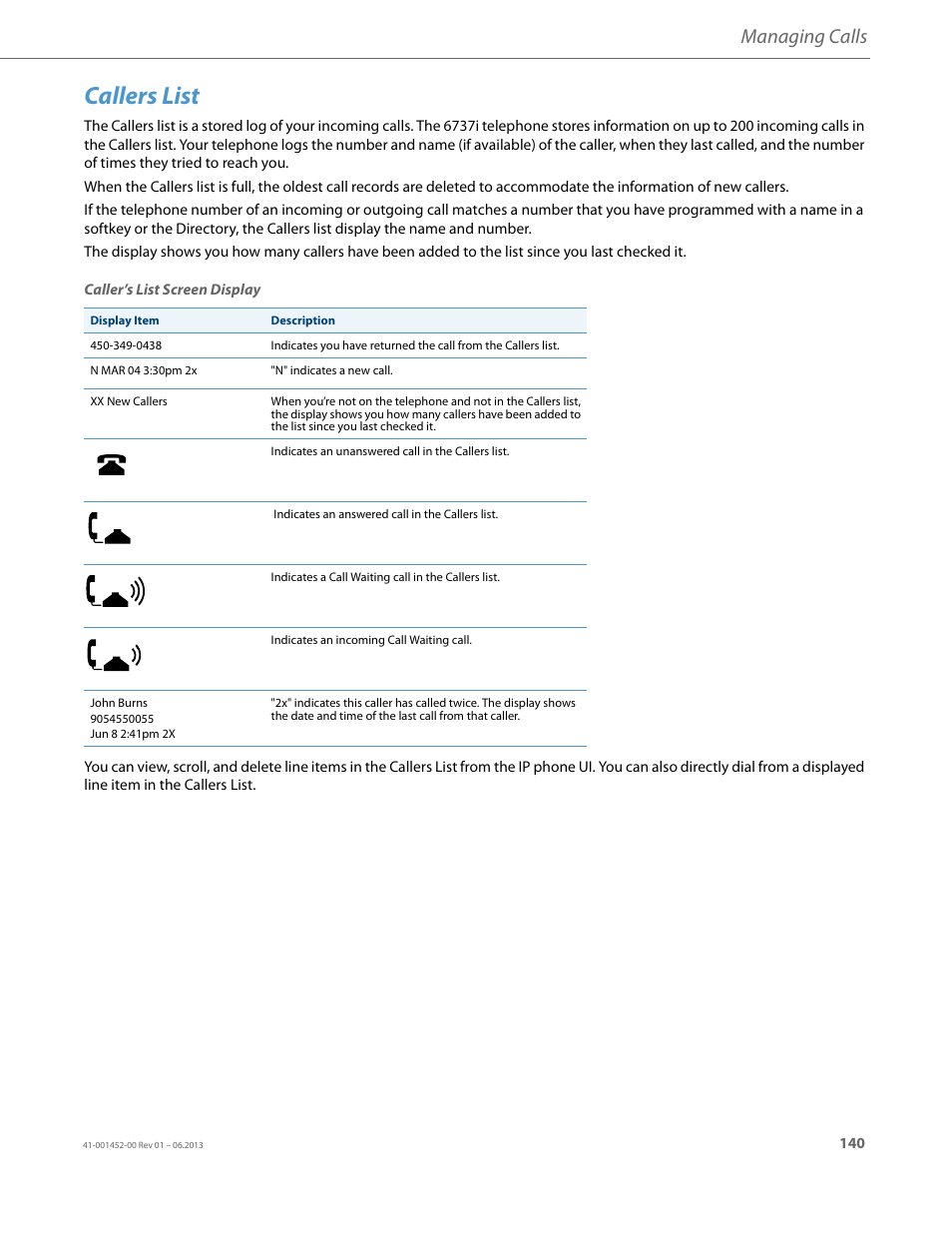 Callers list, Managing calls | AASTRA 6737i User Guide EN User Manual | Page 147 / 214