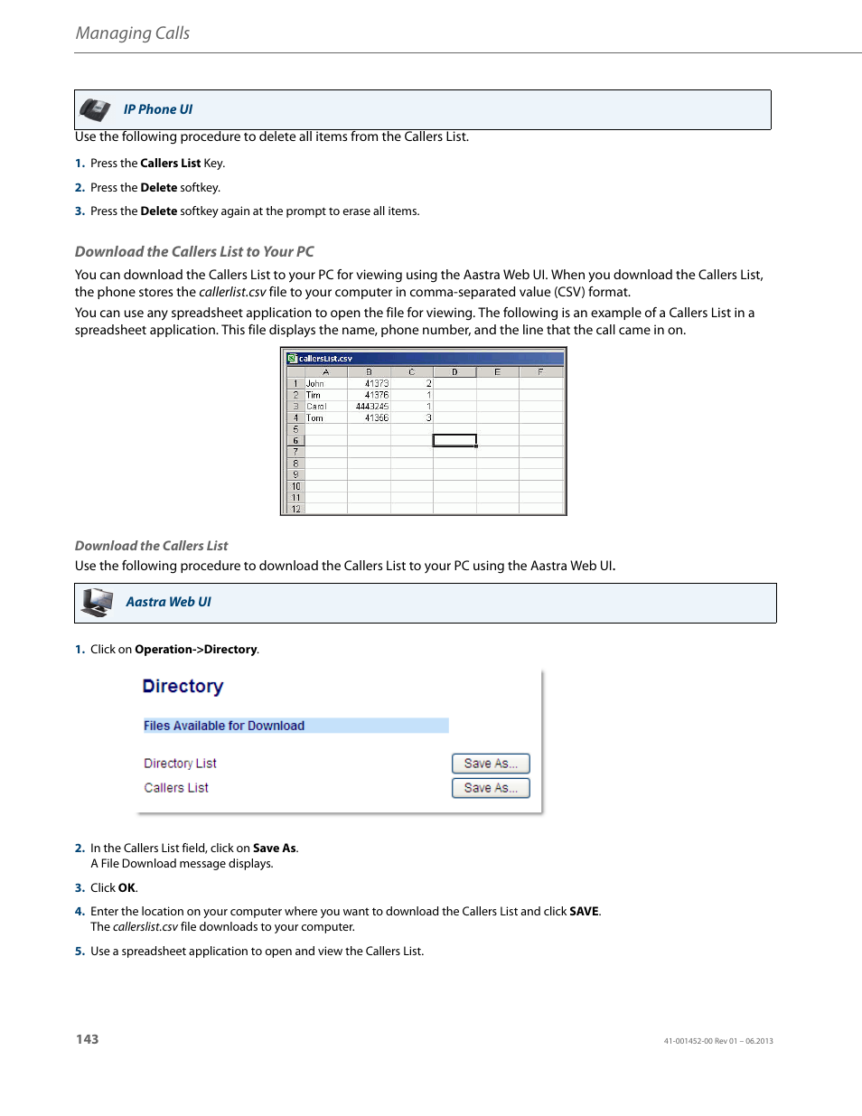 Download the callers list to your pc, Managing calls | AASTRA 6737i User Guide EN User Manual | Page 150 / 214