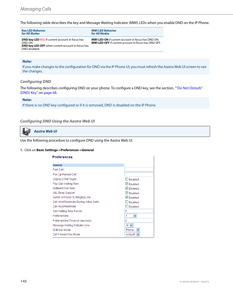 Configuring dnd, Configuring dnd using the aastra web ui, Managing calls | AASTRA 6737i User Guide EN User Manual | Page 152 / 214