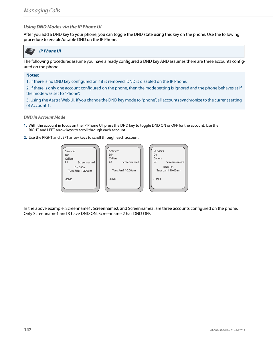Using dnd modes via the ip phone ui, Managing calls | AASTRA 6737i User Guide EN User Manual | Page 154 / 214