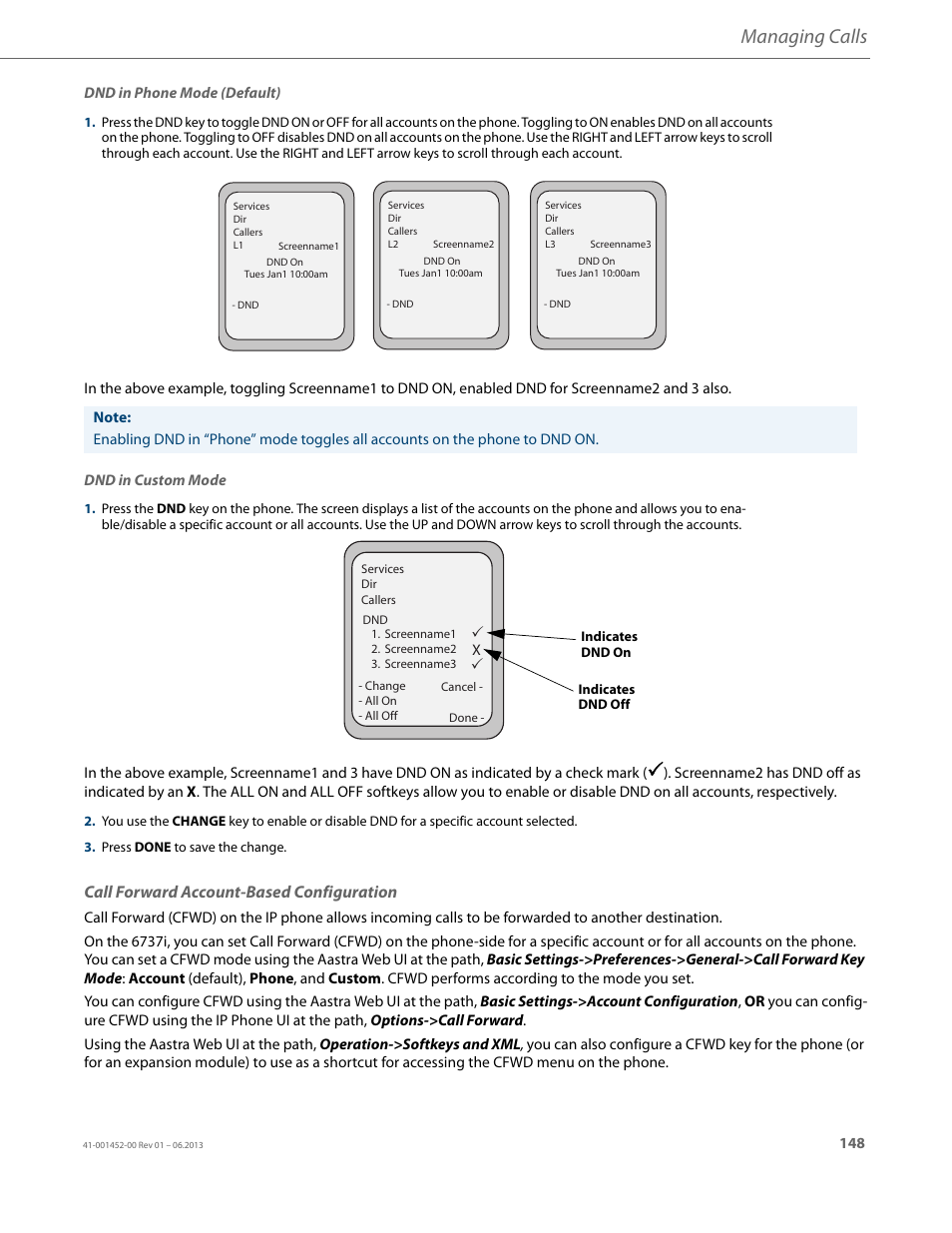 Call forward account-based configuration, Managing calls | AASTRA 6737i User Guide EN User Manual | Page 155 / 214