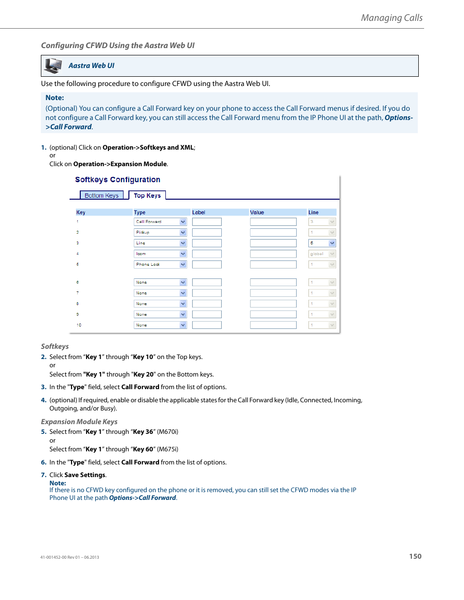Configuring cfwd using the aastra web ui, Managing calls | AASTRA 6737i User Guide EN User Manual | Page 157 / 214