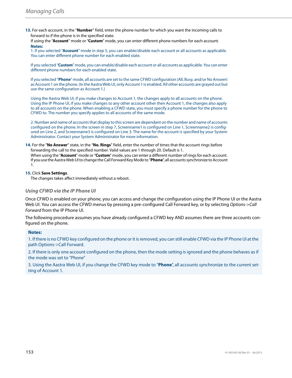 Using cfwd via the ip phone ui, Managing calls | AASTRA 6737i User Guide EN User Manual | Page 160 / 214