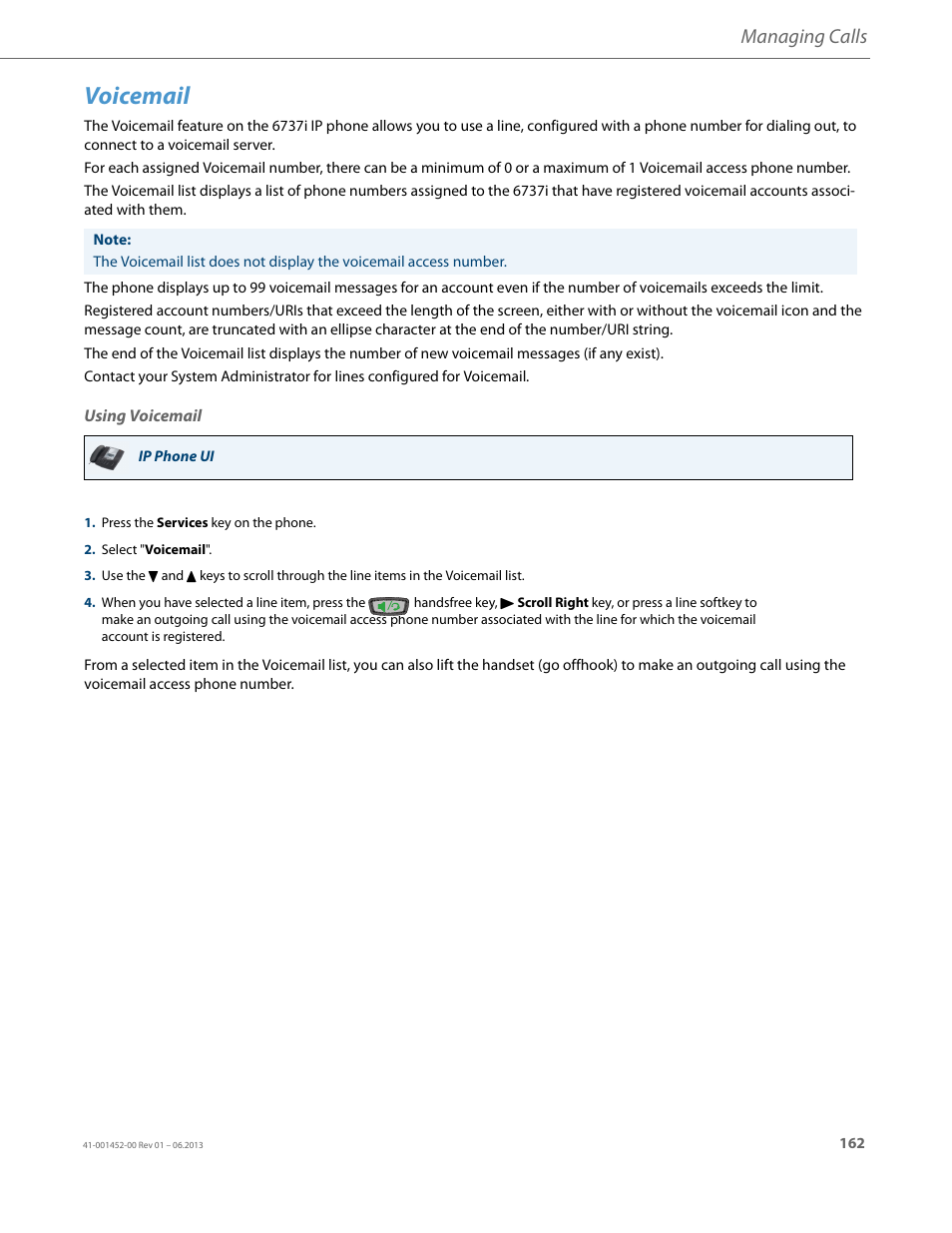 Voicemail, Using voicemail, Managing calls | AASTRA 6737i User Guide EN User Manual | Page 169 / 214