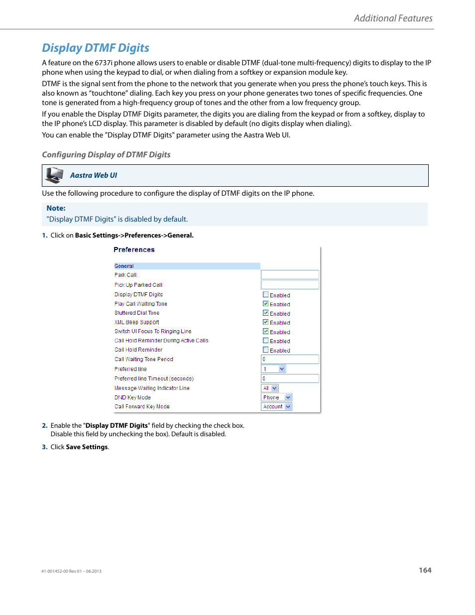 Display dtmf digits, Configuring display of dtmf digits, Additional features | AASTRA 6737i User Guide EN User Manual | Page 171 / 214