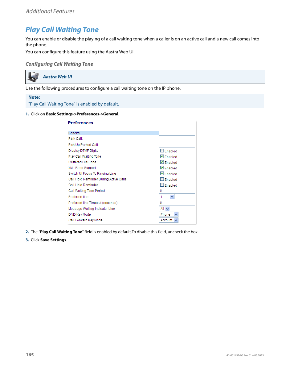 Play call waiting tone, Configuring call waiting tone, Additional features | AASTRA 6737i User Guide EN User Manual | Page 172 / 214