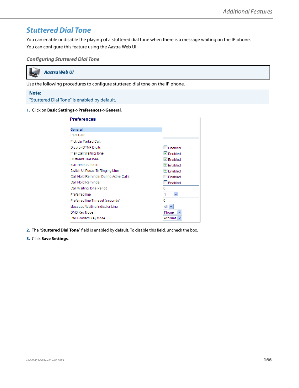 Stuttered dial tone, Configuring stuttered dial tone, Additional features | AASTRA 6737i User Guide EN User Manual | Page 173 / 214