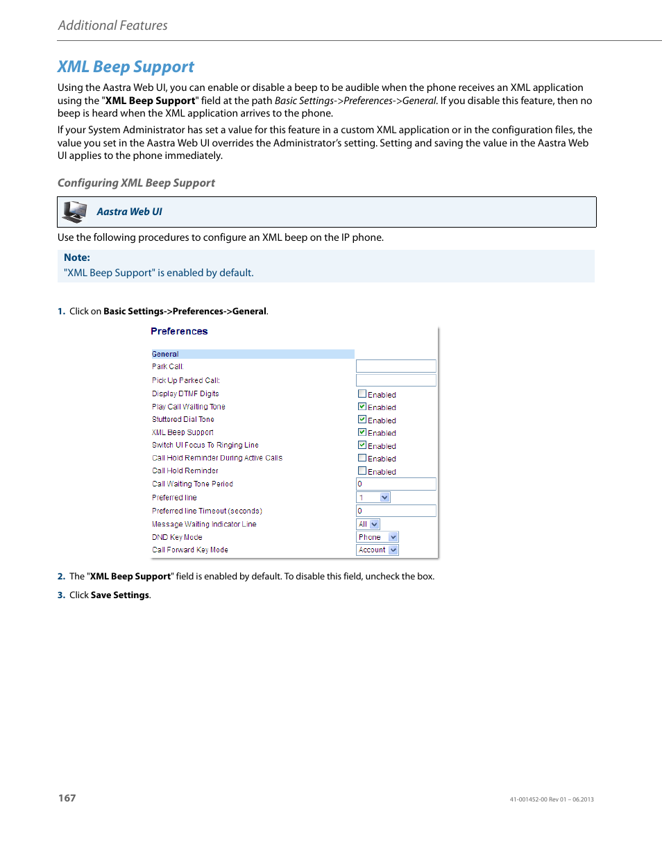 Xml beep support, Configuring xml beep support, Additional features | AASTRA 6737i User Guide EN User Manual | Page 174 / 214