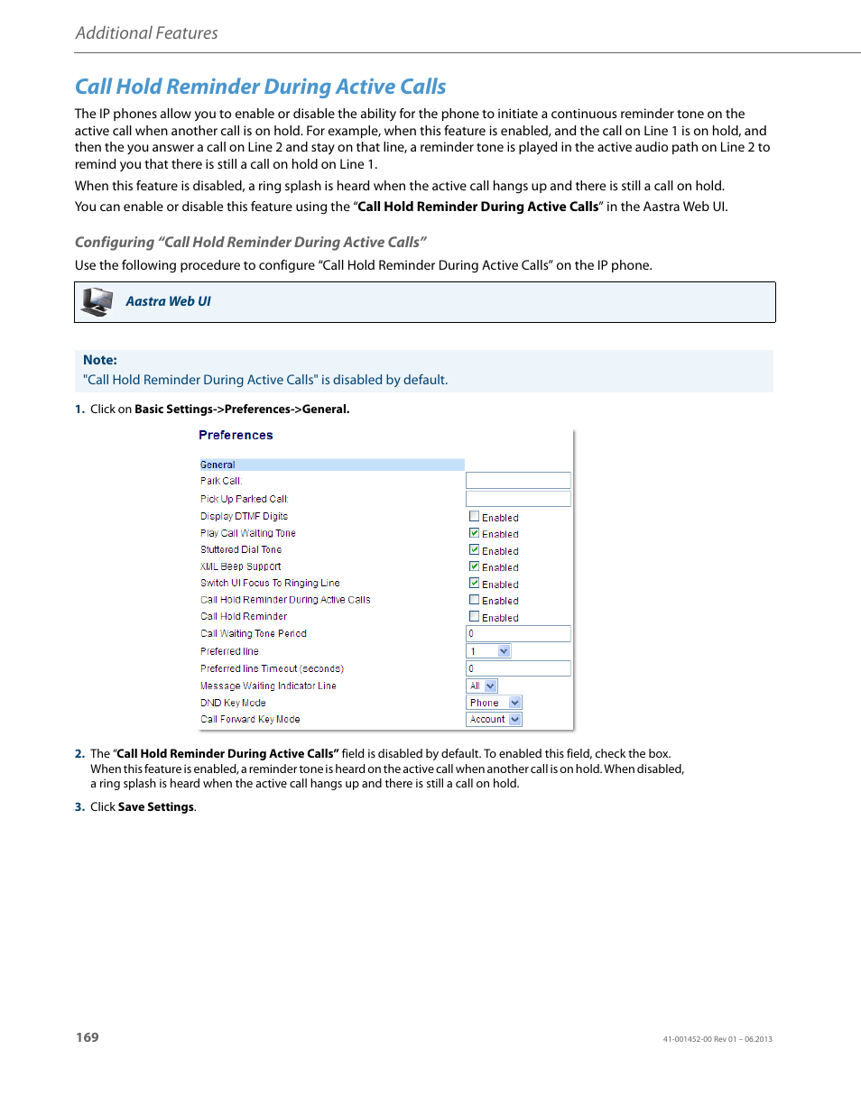 Call hold reminder during active calls, Additional features | AASTRA 6737i User Guide EN User Manual | Page 176 / 214