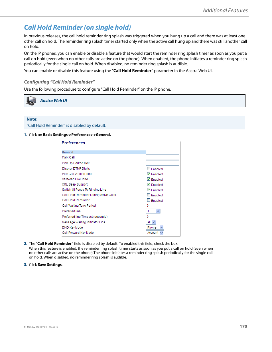 Call hold reminder (on single hold), Configuring “call hold reminder, Additional features | AASTRA 6737i User Guide EN User Manual | Page 177 / 214