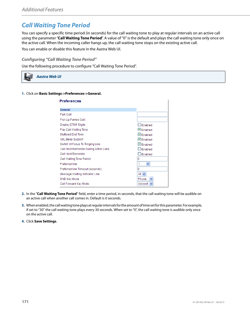 Call waiting tone period, Configuring “call waiting tone period, Additional features | AASTRA 6737i User Guide EN User Manual | Page 178 / 214