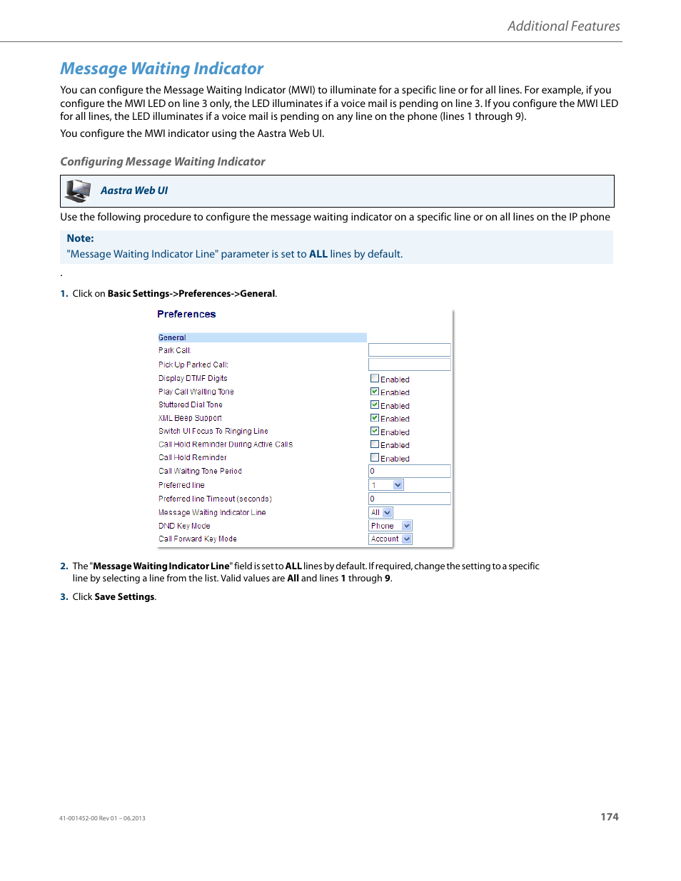 Message waiting indicator, Configuring message waiting indicator, Additional features | AASTRA 6737i User Guide EN User Manual | Page 181 / 214