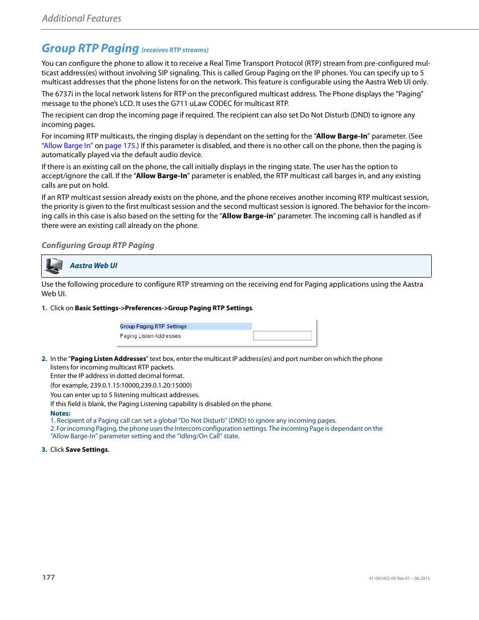Group rtp paging (receives rtp streams), Configuring group rtp paging, Group rtp paging (receives rtp | Streams), Group rtp paging, Receives rtp streams), Additional features | AASTRA 6737i User Guide EN User Manual | Page 184 / 214