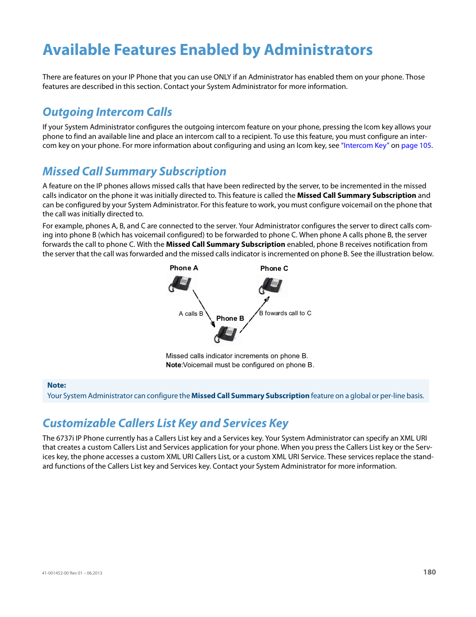 Available features enabled by administrators, Outgoing intercom calls, Missed call summary subscription | Customizable callers list key and services key | AASTRA 6737i User Guide EN User Manual | Page 187 / 214