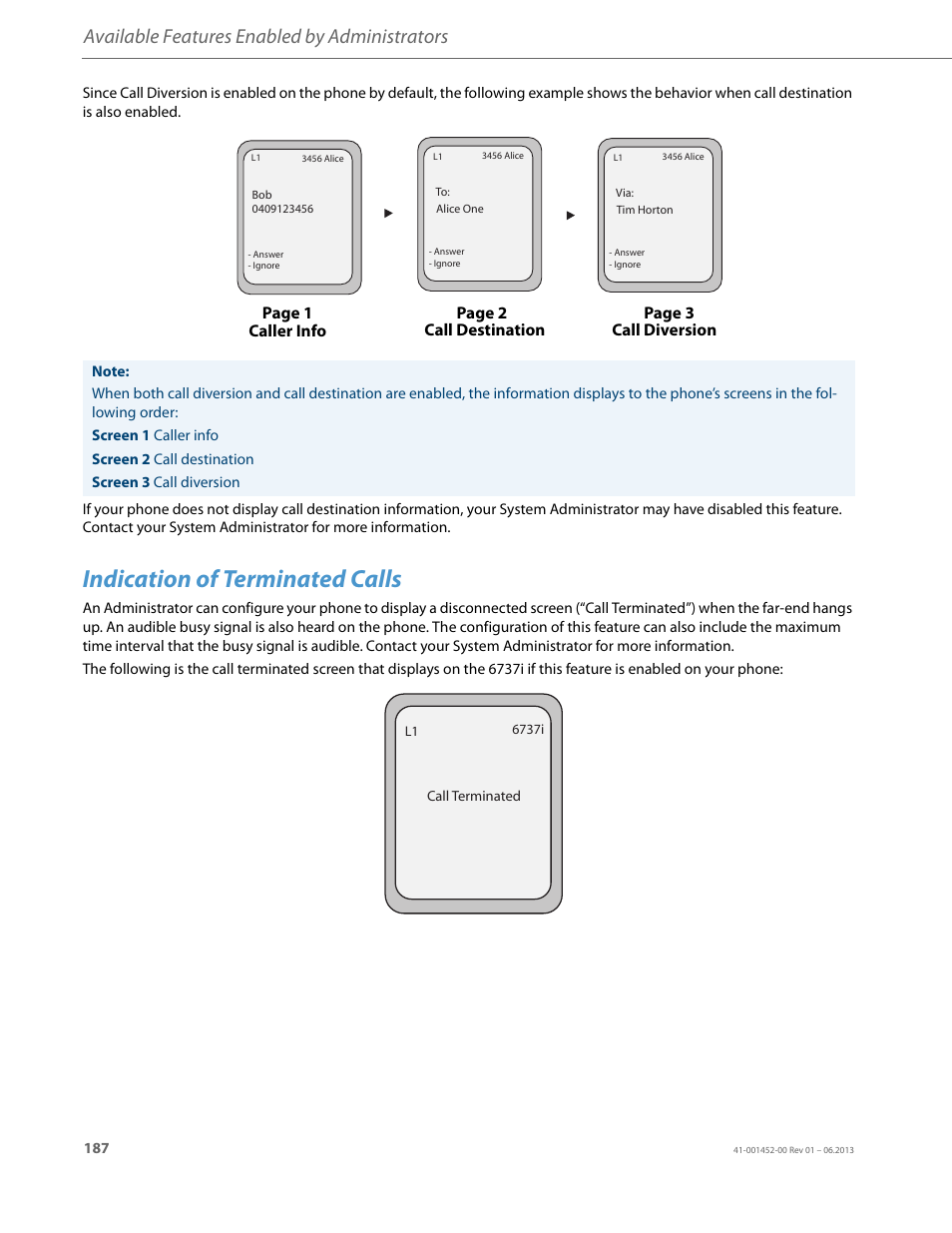 Indication of terminated calls, Available features enabled by administrators | AASTRA 6737i User Guide EN User Manual | Page 194 / 214