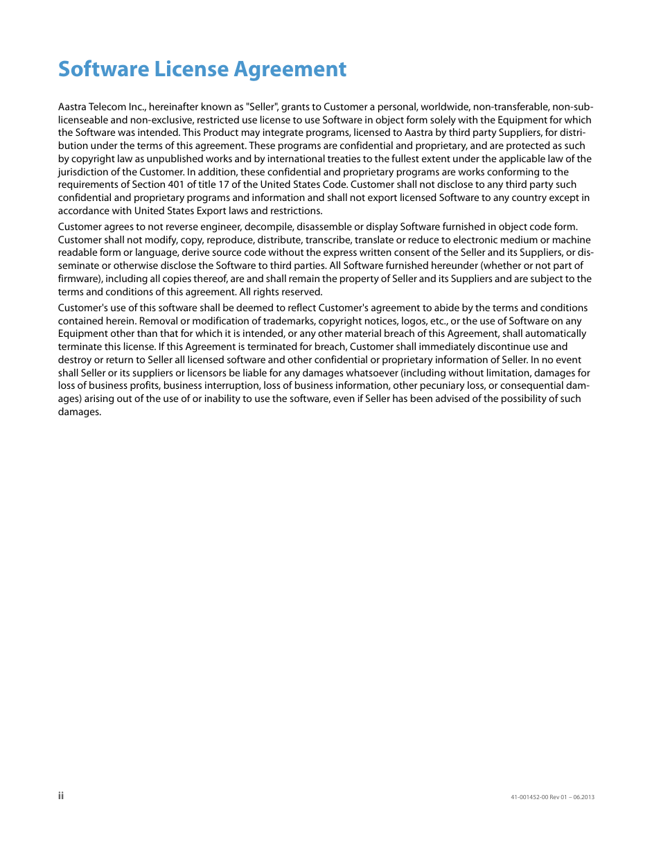 Software license agreement | AASTRA 6737i User Guide EN User Manual | Page 2 / 214