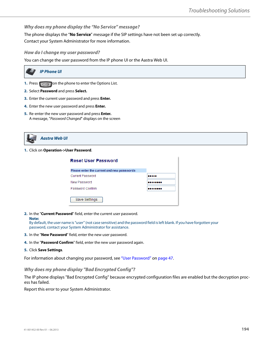 Why does my phone display the “no service” message, How do i change my user password, Why does my phone display "bad encrypted config | Troubleshooting solutions | AASTRA 6737i User Guide EN User Manual | Page 201 / 214