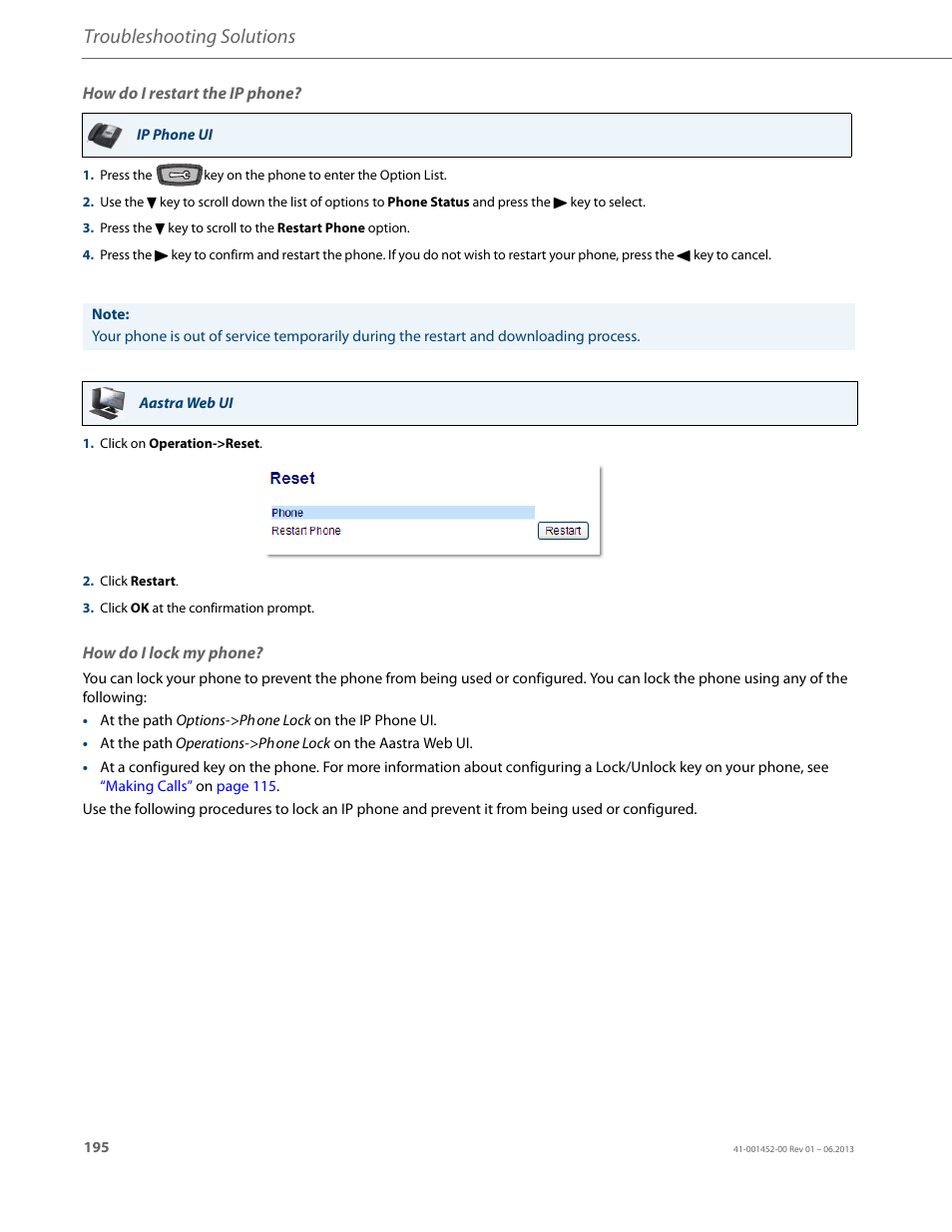 How do i restart the ip phone, How do i lock my phone, Troubleshooting solutions | AASTRA 6737i User Guide EN User Manual | Page 202 / 214