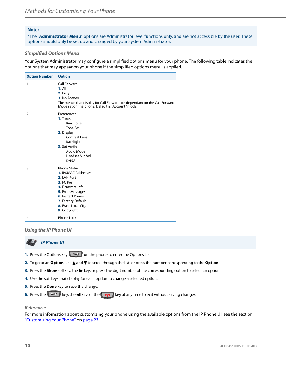 Simplified options menu, Using the ip phone ui, Methods for customizing your phone | AASTRA 6737i User Guide EN User Manual | Page 22 / 214