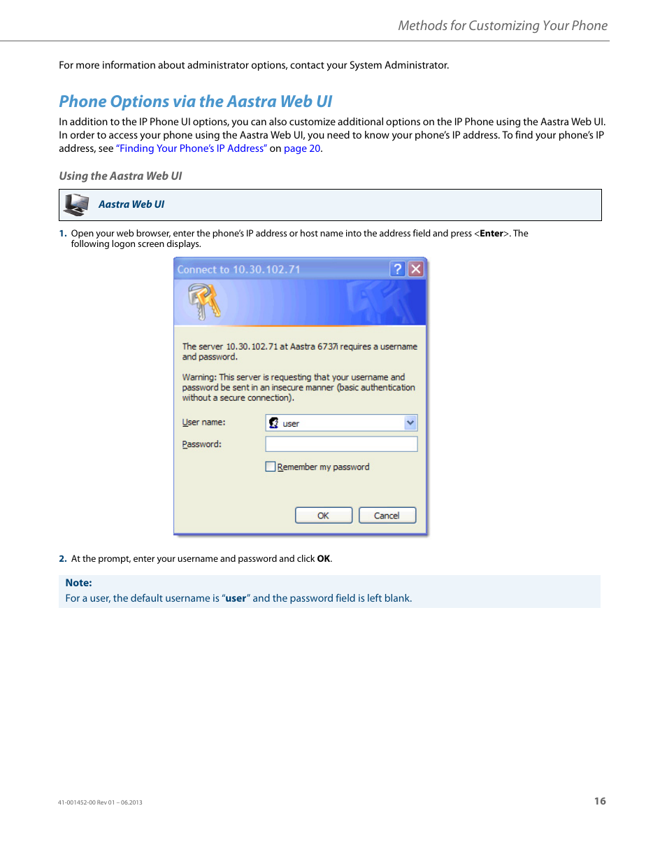 Phone options via the aastra web ui, Using the aastra web ui, Methods for customizing your phone | AASTRA 6737i User Guide EN User Manual | Page 23 / 214