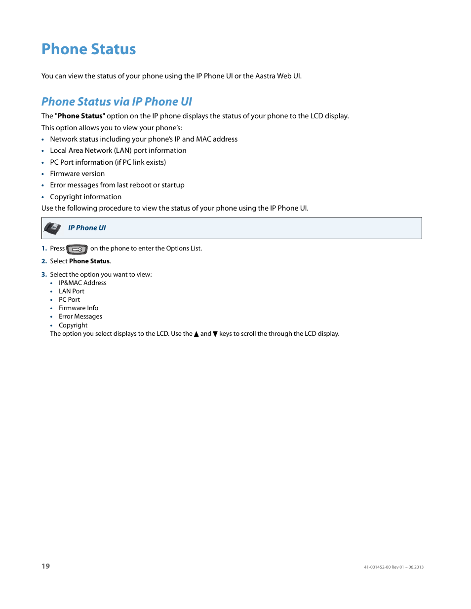 Phone status, Phone status via ip phone ui | AASTRA 6737i User Guide EN User Manual | Page 26 / 214