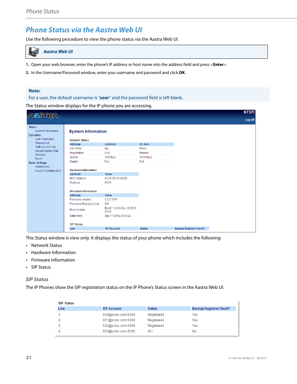 Phone status via the aastra web ui, Sip status, Phone status | AASTRA 6737i User Guide EN User Manual | Page 28 / 214