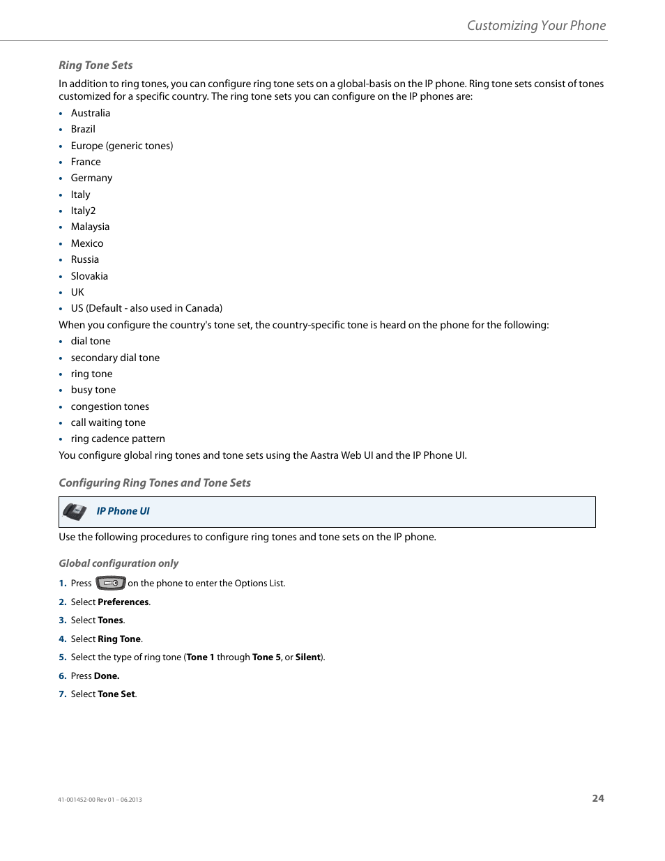 Ring tone sets, Configuring ring tones and tone sets, Customizing your phone | AASTRA 6737i User Guide EN User Manual | Page 31 / 214
