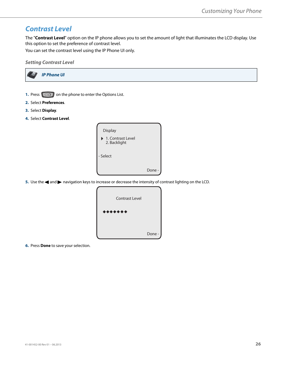 Contrast level, Setting contrast level, Customizing your phone | AASTRA 6737i User Guide EN User Manual | Page 33 / 214