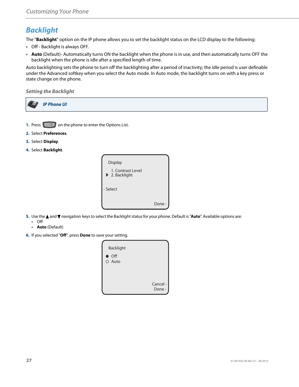 Backlight, Setting the backlight, Customizing your phone | AASTRA 6737i User Guide EN User Manual | Page 34 / 214