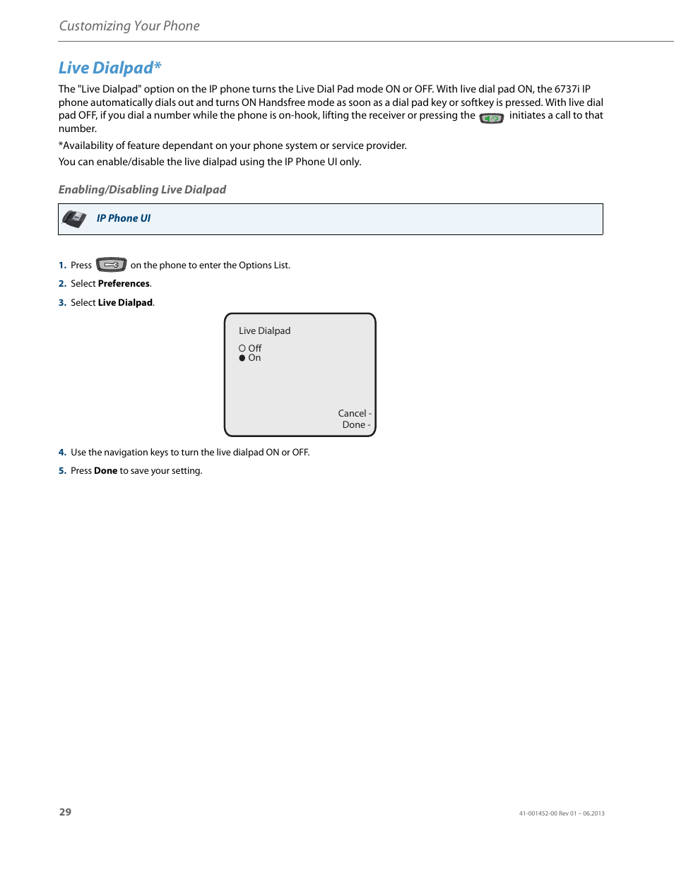 Live dialpad, Enabling/disabling live dialpad, Customizing your phone | AASTRA 6737i User Guide EN User Manual | Page 36 / 214