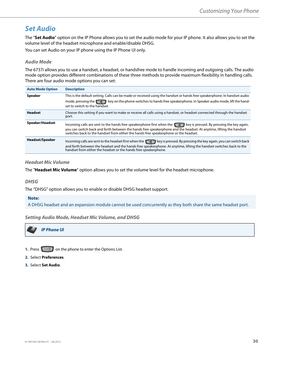 Set audio, Audio mode, Headset mic volume | Dhsg, Setting audio mode, headset mic volume, and dhsg, Customizing your phone | AASTRA 6737i User Guide EN User Manual | Page 37 / 214